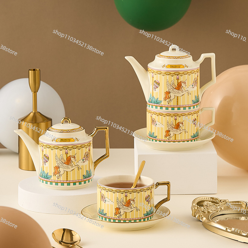 Coffee Tea Gift Set - Keramik-Teeset, Karussell, Geschenkbox, britische Teekanne, vergoldete