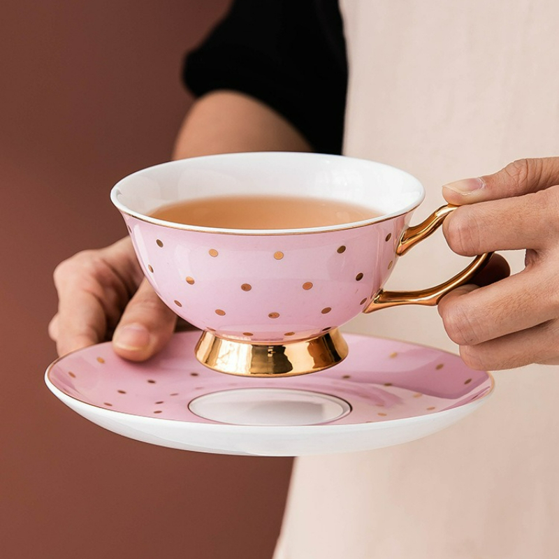 Coffee Tea And Sugar Set - Keramik-Kaffeetassen in Rosa mit Untertassen, Büro-Trinkbecher,