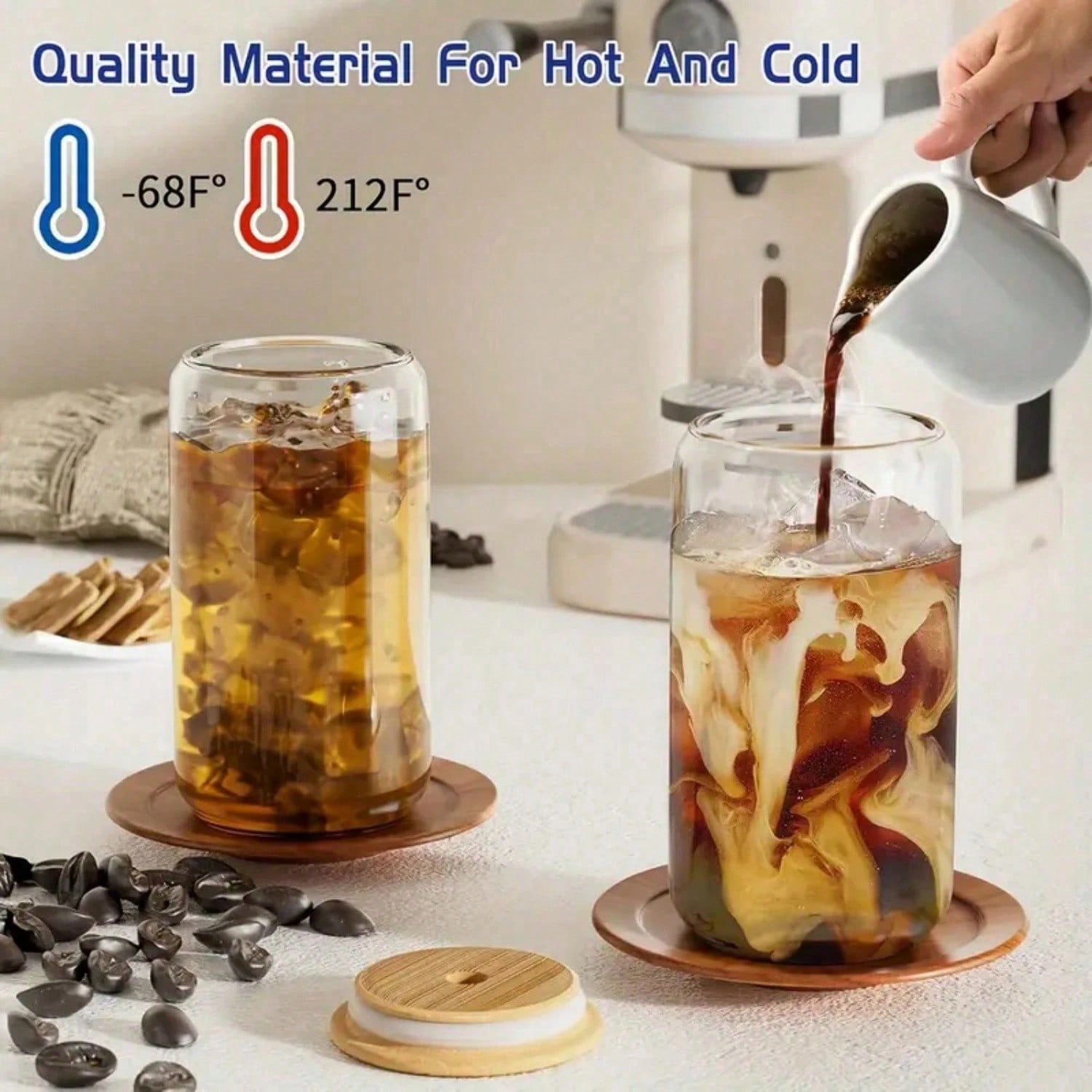 Water Tea And Coffee - 8-teiliges Set, Glasbecher mit Bambusdeckel und