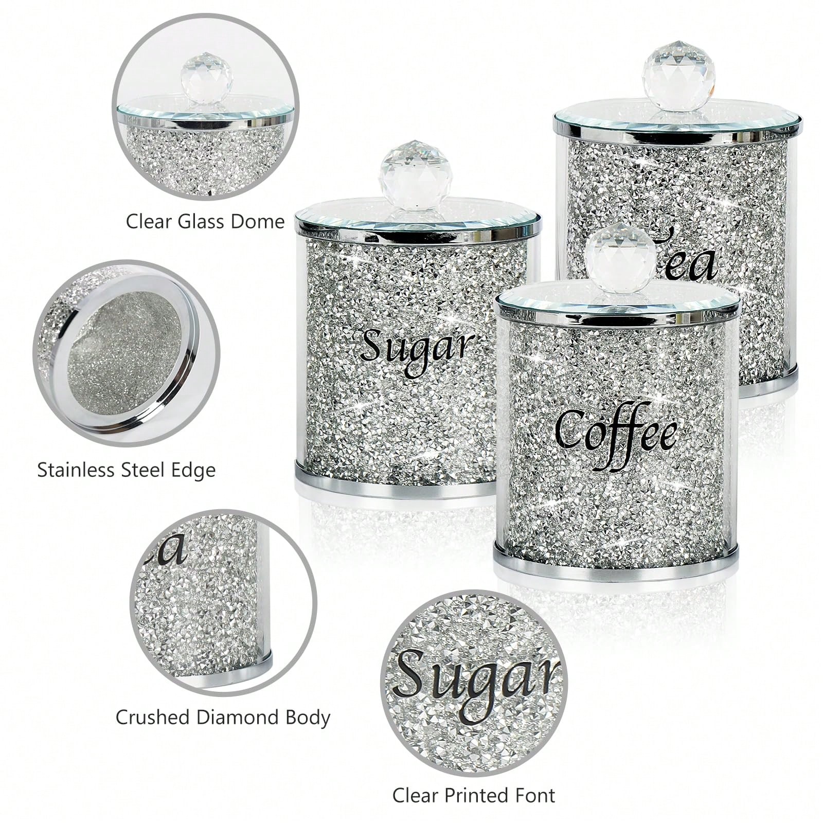 Coffee Tea And Sugar Canisters - Kaffee-Zucker-Tee-Dosen-Set, glitzerndes, diamantgeschliffenes Küchen-Aufbewahrungsset, 4-teiliges Set